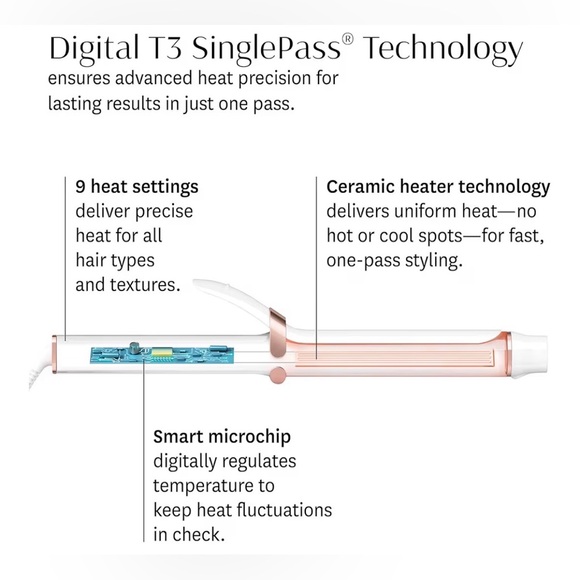New T3 SinglePass Curl, Extra-Long Barrel Curling Iron with Ceramic Barrel - Picture 2 of 16